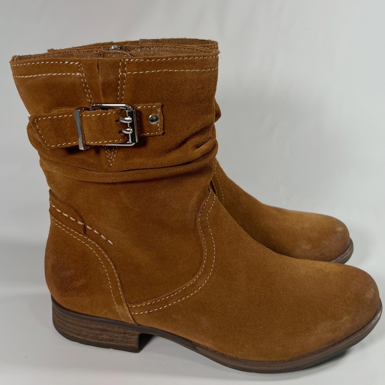 Earth Beaufort Boots Womens 7.5 B Cognac Suede Slouch Ankle Bootie Comfort Zip